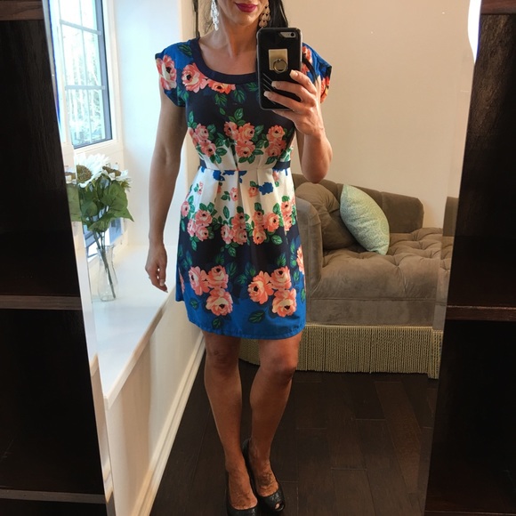 Just Ginger navy coral floral midi dress w pockets - Picture 4 of 8